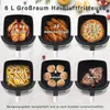 A collage of six images showing different food items being cooked in an air fryer basket, with text overlays indicating quantities and food types. Podgląd zdjęcia produktu