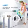 A woman is doing laundry next to a washing machine, with two hose connectors in the foreground. Produktbild-Vorschau