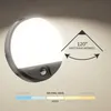 A close-up marketing image of an LED outdoor wall light with a motion sensor, showing its illumination angle and color temperature options. Produktbild-Vorschau