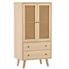 A tall, narrow wooden cabinet with two doors featuring rattan inserts and two drawers below, set against a white background. Anteprima dell’immagine prodotto