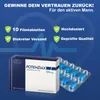 A product box and blister pack of tablets against a blue background with graphic elements. Produktbild-Vorschau