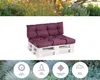 A purple pallet cushion set on a white background, with a blurred garden scene above and icons with text below. Voir les images du produit