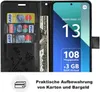 A flip-style phone case with card slots and a bill compartment, shown open with a phone inside displaying marketing information. Produktbild-Vorschau