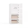 A white cabinet with two open doors, revealing three shelves. The top shelf has a cap, and the other two shelves contain beige storage boxes. Náhľad obrázku produktu
