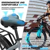A split image showing a close-up of an e-bike saddle and a person riding an e-bike. Produktbild-Vorschau