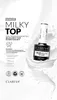 A bottle of Claresa Milky Top No Wipe nail polish is shown with a splash of milk around it, against a white background. Text and logos are present on the left side of the image. Náhled obrázku produktu