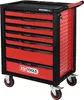 A red and black rolling tool chest with multiple drawers and a handle, shown from a slightly angled front view. Produktbild-Vorschau