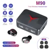 A product image showcasing M90 True Wireless Headphones with various feature icons and a charging case. Náhľad obrázku produktu