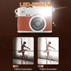A vintage-style digital camera with a flash, shown above two comparison photos of a ballerina, one with the fill light off and one with it on. Produktbild-Vorschau