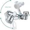 A chrome-plated faucet attachment with multiple rotating joints and spray heads, shown in various positions to demonstrate its flexibility. Podgląd zdjęcia produktu