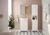 A clean and modern bathroom setting featuring a white vanity with a sink, a tall white cabinet, and a towel rack. Anteprima dell’immagine prodotto