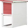 A side view of a red and white rabbit hutch with a green roof. Produktbild-Vorschau
