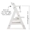 Side view of a white wooden high chair with text and measurement indicators. Podgląd zdjęcia produktu