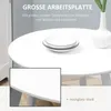 A close-up of a white round table with plates and a vase, with text overlays describing its features. Produktbild-Vorschau