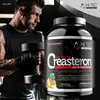 A muscular man is lifting a dumbbell next to a large container of dietary supplement. Produktbild-Vorschau