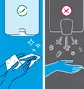 The image shows two contrasting methods of drying hands. The left side shows hands being dried with paper towels, indicated by a checkmark and sparkles. The right side shows hands being dried with a hand dryer, with an 'X' mark and illustrations of germs,  Produktbild-Vorschau
