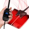 A hand holding a black digital thermostat controller for a heating mat, with the heating mat glowing red underneath. Voir les images du produit
