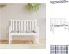 A collage of images showing a white garden bench with a grey checkered cushion, and the cushion itself. Produktbild-Vorschau