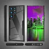 A clear protective phone case for a Samsung Galaxy S23 Ultra is displayed from multiple angles, with the phone screen showing a city skyline at night. Anteprima dell’immagine prodotto