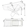 Two views of a white foldable drying rack with dimensions indicated. Produktbild-Vorschau