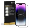 A screen protector for an iPhone 14 Pro is shown next to its packaging, which includes installation instructions. Produktbild-Vorschau