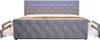 A grey upholstered bed frame with diamond tufting and a blue LED light strip in the headboard. The bed has four drawers pulled out on each side. Produktbild-Vorschau