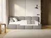 A modern bedroom with a gray upholstered bed, white bedding, and a wooden accent wall. Produktbild-Vorschau