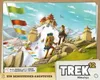 Two hikers ascend a snowy mountain towards a temple, with prayer flags fluttering in the wind. Produktbild-Vorschau