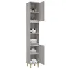 A tall, narrow bathroom cabinet with several shelves, some containing folded towels and bottles. The cabinet has two doors, one slightly ajar. Náhled obrázku produktu