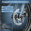 Close-up of an e-bike's front wheel brake system and handlebars, with marketing text highlighting features. Produktbild-Vorschau