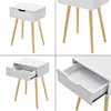 Collage of a white bedside table with wooden legs, showing different angles and the open drawer. Náhled obrázku produktu