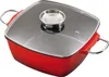 A red square casserole dish with a glass lid and silver handles is shown from a slightly elevated angle against a white background. Produktbild-Vorschau