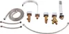 A collection of bathroom faucet components, including hoses, valves, and a handheld showerhead, laid out on a white background. Voir les images du produit