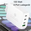 A white 4-port USB-C charger is shown at an angle, resting on a surface with a colorful, abstract pattern. Produktbild-Vorschau