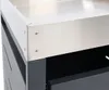 A close-up view of the corner of a metal trash can enclosure, showing the stainless steel top and a dark gray side panel with a partially open drawer. Podgląd zdjęcia produktu