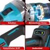 A collage of four close-up images showcasing different features of a cordless angle grinder. Voir les images du produit
