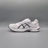 A side view of a single white Asics running shoe with black accents against a plain gray background. Produktbild-Vorschau