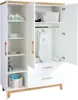 An open wardrobe with shelves and drawers, displaying baby clothes and accessories. Produktbild-Vorschau