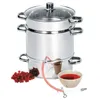 A stainless steel juice maker with a glass lid, a red hose, a bowl of red juice, and a bunch of red berries. Produktbild-Vorschau