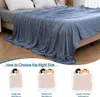 A diagram showing different bed sizes with blankets and people, overlaid on a product image of a blue blanket on a bed. Produktbild-Vorschau