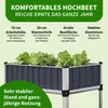 A raised garden bed filled with lettuce, with descriptive text about its features. Produktbild-Vorschau