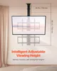 A motorized ceiling TV mount is shown in a room with a curtain and a bed in the foreground. Dimensions and features are highlighted. Produktbild-Vorschau