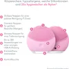 A diagram illustrating the features of a pink silicone facial cleansing device, with numbered callouts and descriptive text. Produktbild-Vorschau