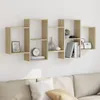 A wooden wall shelf unit is mounted on a white wall above a sofa. Náhľad obrázku produktu