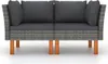 A front view of a two-seater outdoor sofa with dark gray cushions and a woven gray base, supported by four wooden legs. Náhľad obrázku produktu