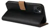 A black flip case for an iPhone is shown from the side, open. Produktbild-Vorschau