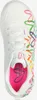 A top-down view of a white sneaker with colorful heart-shaped graphics. Voir les images du produit