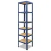 A tall, narrow, blue metal shelving unit with wooden shelves, shown against a white background. Voir les images du produit