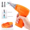 A hand holding an orange toy electric drill with various accessories and instructional diagrams shown. Produktbild-Vorschau