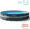 An Intex Ultra XTR Frame Pool filled with blue water, shown from a slightly elevated side view against a white background. Small illustrative icons of pool accessories are visible in the top right corner, along with the text 'Accessoires'. A circular orang Produktbild-Vorschau